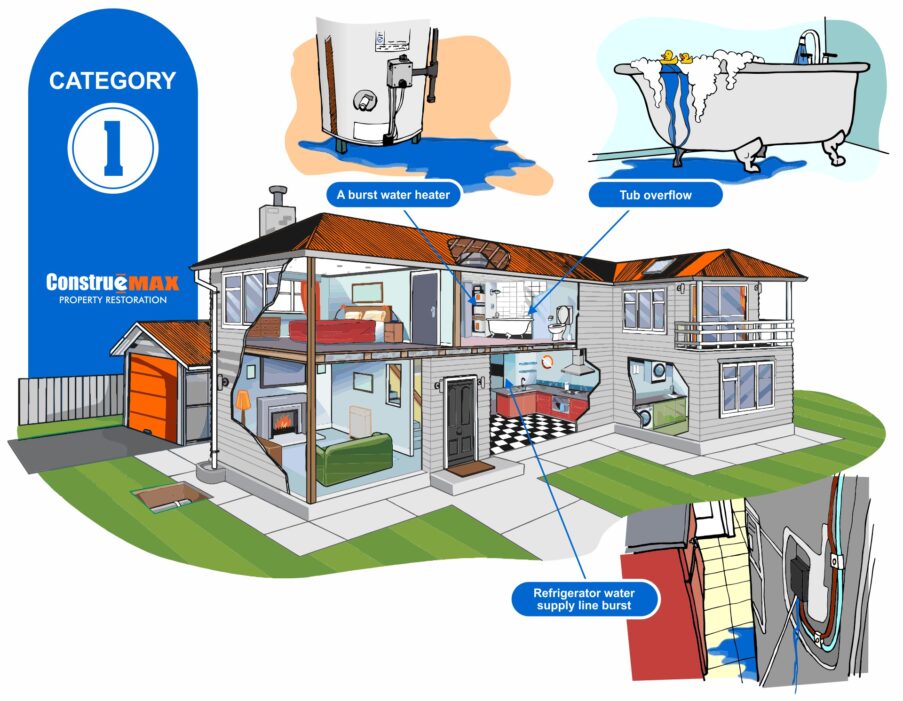 This is a graphic showing examples of a category 1 water loss