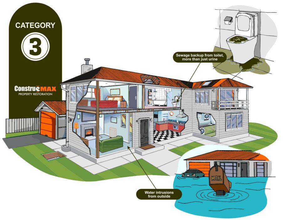 This is a graphic showing examples of a category 3 water loss